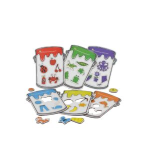 Balde de Cores da Materiais para Brincar, mostrando 6 baldes coloridos e figuras magnéticas de animais e objetos.