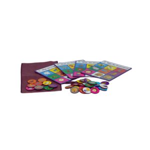 Jogo de bingo com 4 cartelas de MDF ilustradas com sons do dia a dia e um saquinho de tecido para as fichas.