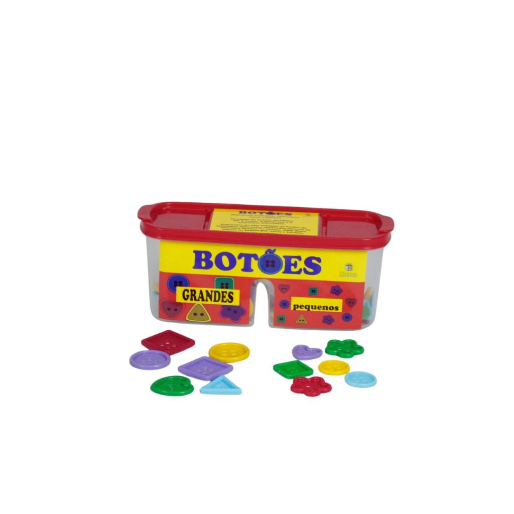 Kit Botões da Materiais para Brincar, mostrando um pote com duas aberturas e botões coloridos de diferentes formas (círculo, quadrado, estrela, etc.).