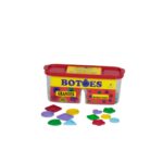 Kit Botões da Materiais para Brincar, mostrando um pote com duas aberturas e botões coloridos de diferentes formas (círculo, quadrado, estrela, etc.).