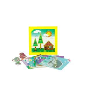 Kit Centro de Atividades Placa de Pinos da Materiais Para Brincar, mostrando uma placa de pinos de plástico com elásticos coloridos esticados formando um quadrado.