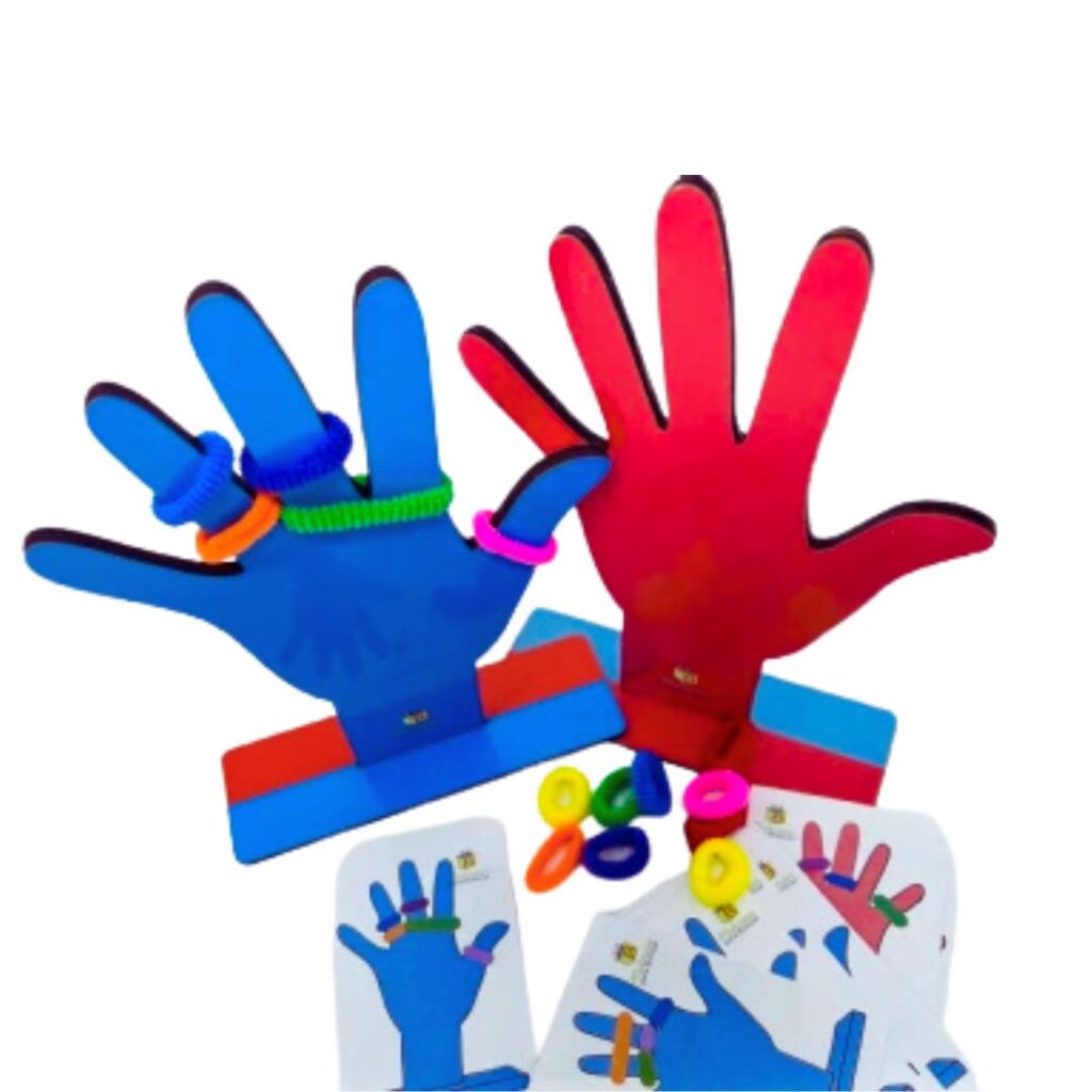 Jogo Coloque Elásticos da Materiais para Brincar, mostrando uma mão em MDF com elásticos coloridos em volta dos dedos, seguindo um padrão de uma carta modelo.