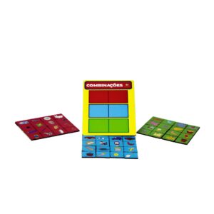 Jogo de associações Combinações, da Materiais para Brincar, com uma placa de MDF e 54 peças coloridas.