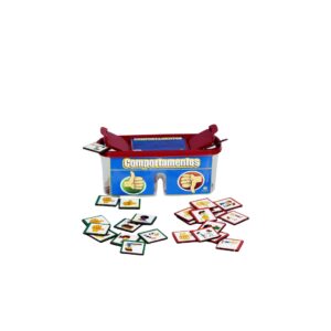 Kit Comportamentos da Materiais Para Brincar, mostrando uma caixa de madeira com duas aberturas e fichas de MDF com ilustrações de diferentes comportamentos, como ajudar a arrumar os brinquedos.