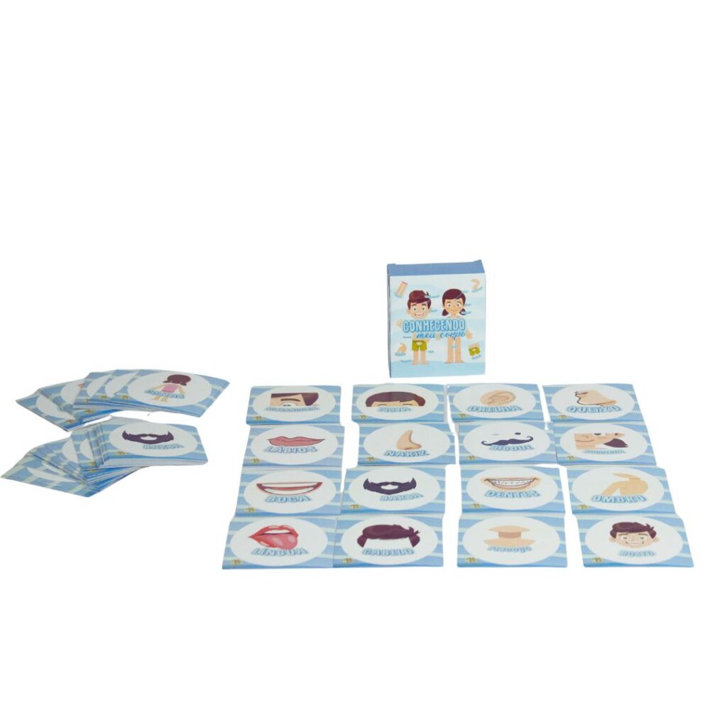 Jogo Conhecendo Meu Corpo da Materiais Para Brincar, mostrando as cartas espalhadas, com algumas duplas de partes do corpo já viradas para cima e a carta do cérebro visível.