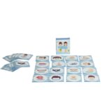 Jogo Conhecendo Meu Corpo da Materiais Para Brincar, mostrando as cartas espalhadas, com algumas duplas de partes do corpo já viradas para cima e a carta do cérebro visível.