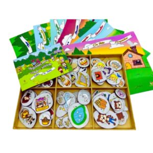 Jogo Contos de Fadas da Materiais para Brincar, mostrando cenários em MDF das histórias e fichas de personagens sendo usados por uma criança.