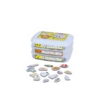 Kit de Fichas Magnéticas Fonemas Nasais da Materiais Para Brincar, mostrando as 60 figuras magnéticas em uma superfície metálica, agrupadas por fonema. As ilustrações são claras para cada som, como "navio" para o fonema N.