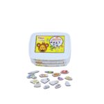 Kit de Fichas Magnéticas Fonemas Nasais da Materiais Para Brincar, mostrando as 60 figuras magnéticas em uma superfície metálica, agrupadas por fonema. As ilustrações são claras para cada som, como "navio" para o fonema N.