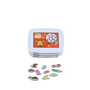 Kit de Fichas Magnéticas Fonemas Plosivos da Materiais Para Brincar, mostrando as 60 figuras magnéticas em uma superfície metálica, agrupadas por fonema. As ilustrações são claras para cada som, como "bola" para o fonema B.