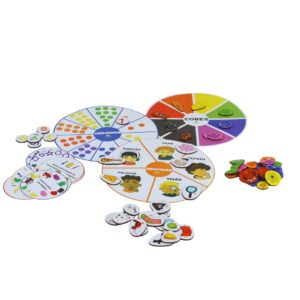 Kit Juntando Ideias da Materiais Para Brincar, mostrando as 6 caixas de cenário em madeira com algumas das 121 peças de MDF já encaixadas, organizadas por cores e formas.