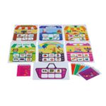 Jogo Minhas Lojinhas da Materiais para Brincar, mostrando um cenário de loja com fichas de produtos e uma cesta de compras.