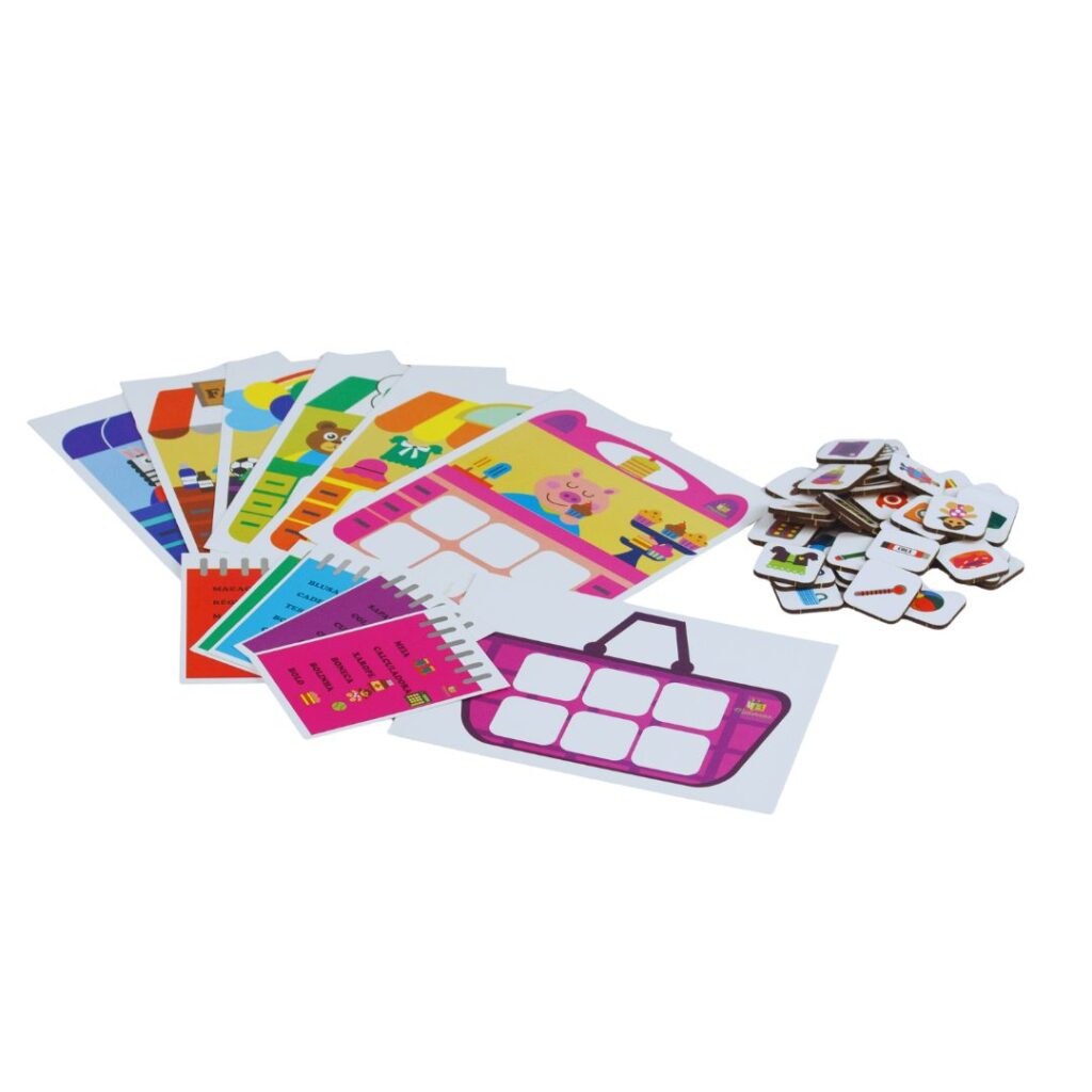 Jogo Minhas Lojinhas da Materiais para Brincar, mostrando um cenário de loja com fichas de produtos e uma cesta de compras.