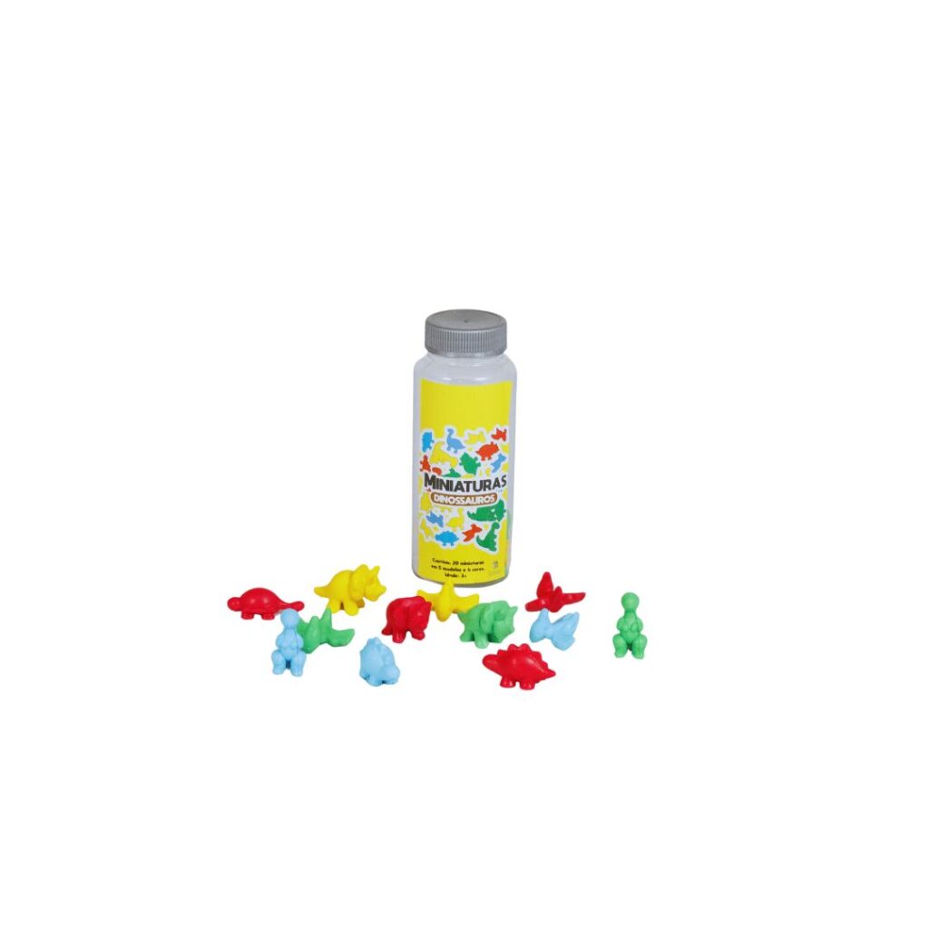 Pote amarelo de plástico com tampa transparente contendo 20 miniaturas de dinossauros de plástico em 5 formatos e 4 cores diferentes.