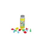 Pote amarelo de plástico com tampa transparente contendo 20 miniaturas de dinossauros de plástico em 5 formatos e 4 cores diferentes.