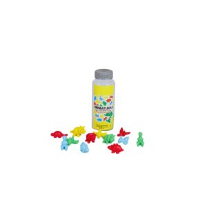 Pote amarelo de plástico com tampa transparente contendo 20 miniaturas de dinossauros de plástico em 5 formatos e 4 cores diferentes.