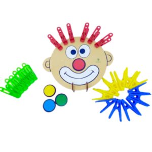 Kit Palhaço Cabelo Pregador da Materiais para Brincar, mostrando um rosto de palhaço em MDF com pregadores coloridos presos ao seu redor, combinando com a cor do nariz.