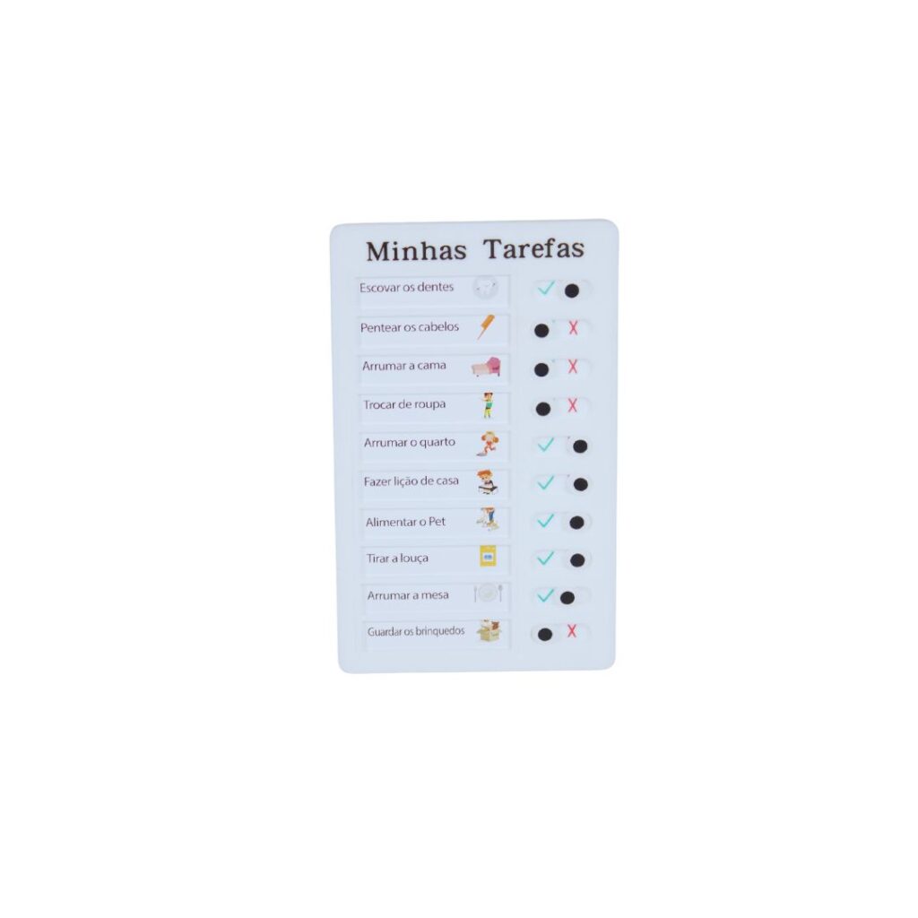Quadro Minhas Tarefas da Materiais para Brincar, mostrando um quadro de plástico com uma lista de tarefas e algumas delas marcadas.