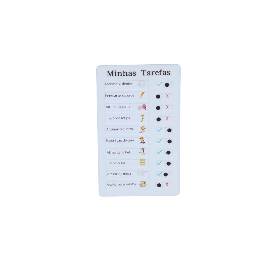 Quadro minhas tarefas 2 Quadro Minhas Tarefas da Materiais para Brincar, mostrando um quadro de plástico com uma lista de tarefas e algumas delas marcadas.