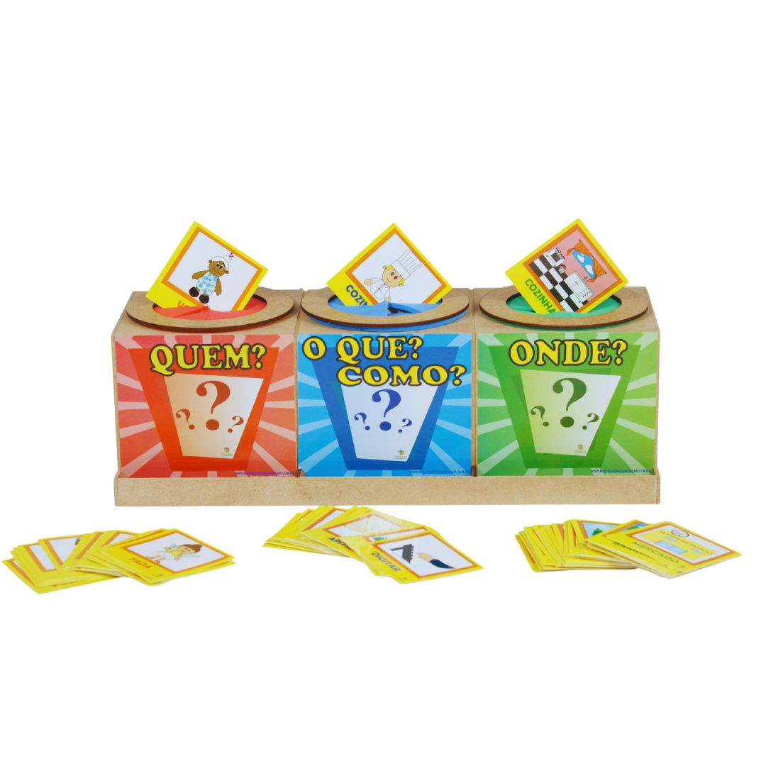 Quem o que e onde 2 O jogo Quem, O Que e Onde? da Materiais Para Brincar, mostrando a caixa de madeira com os três furos. Algumas figuras (uma pessoa, uma ação, um lugar e um sentimento) estão espalhadas na mesa.
