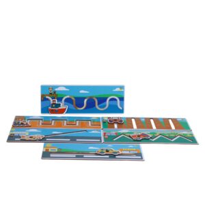 Réguas Psicomotoras da Materiais para Brincar, mostrando uma régua em MDF com um veículo sendo usado para traçar um caminho com um lápis.