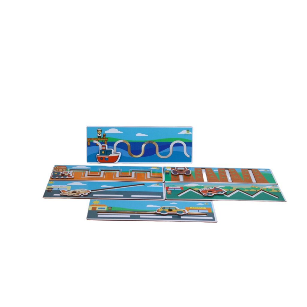 Réguas Psicomotoras da Materiais para Brincar, mostrando uma régua em MDF com um veículo sendo usado para traçar um caminho com um lápis.