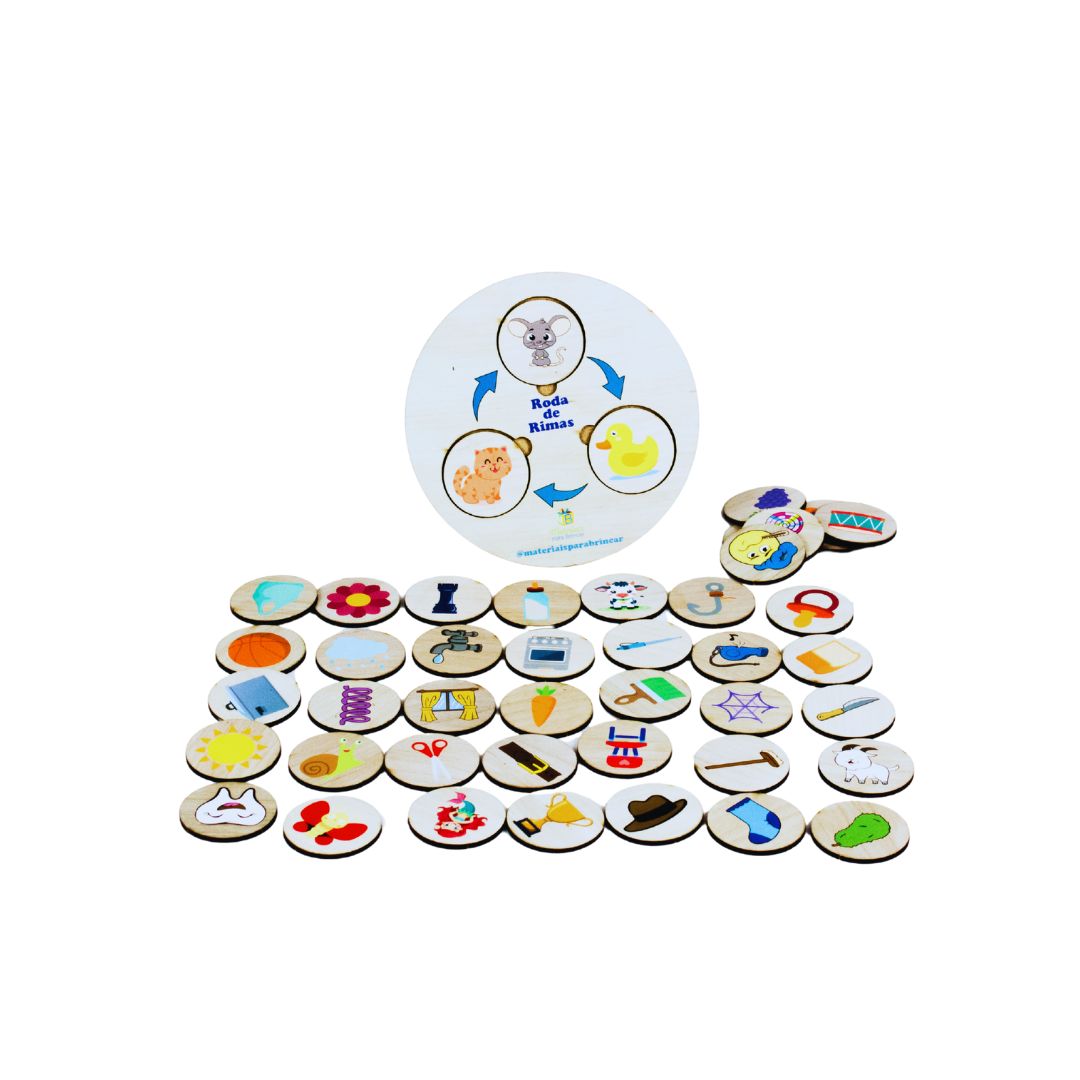Roda de rimas 2 Jogo Roda de Rimas para crianças, com 15 trios de peças de MDF em forma de roda, mostrando imagens que rimam como "bola" e "cola".