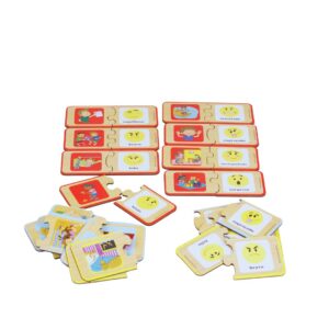 Jogo de quebra-cabeças Sentimentos e Situações da Materiais para Brincar, com peças de MDF mostrando diferentes expressões e situações.