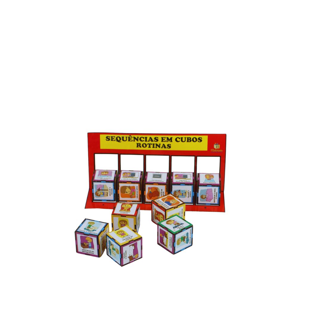 Sequências em cubos 2 Jogo de Sequências em Cubos da Materiais para Brincar, com 10 cubos de MDF empilhados e ilustrados.