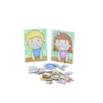 Kit Vamos Comer? da Materiais para Brincar, mostrando um boneco de madeira com alimentos de brinquedo sendo colocados na boca.