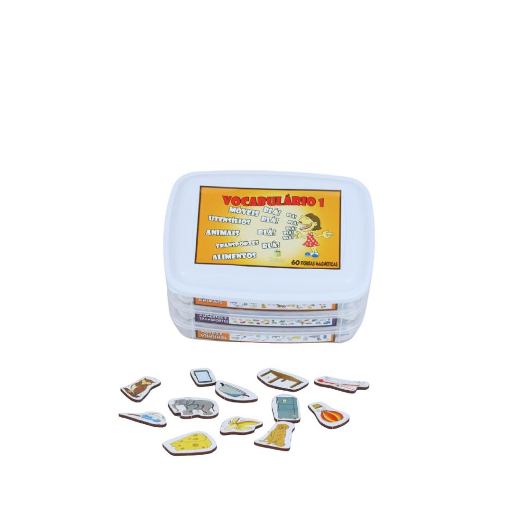 Kit Vocabulário 1 - Laranja da Materiais para Brincar, mostrando 60 fichas magnéticas de categorias como animais, alimentos e transportes.
