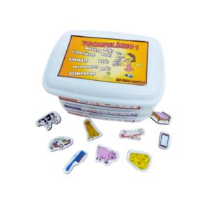 Kit Vocabulário 1 - Laranja da Materiais para Brincar, mostrando 60 fichas magnéticas de categorias como animais, alimentos e transportes.
