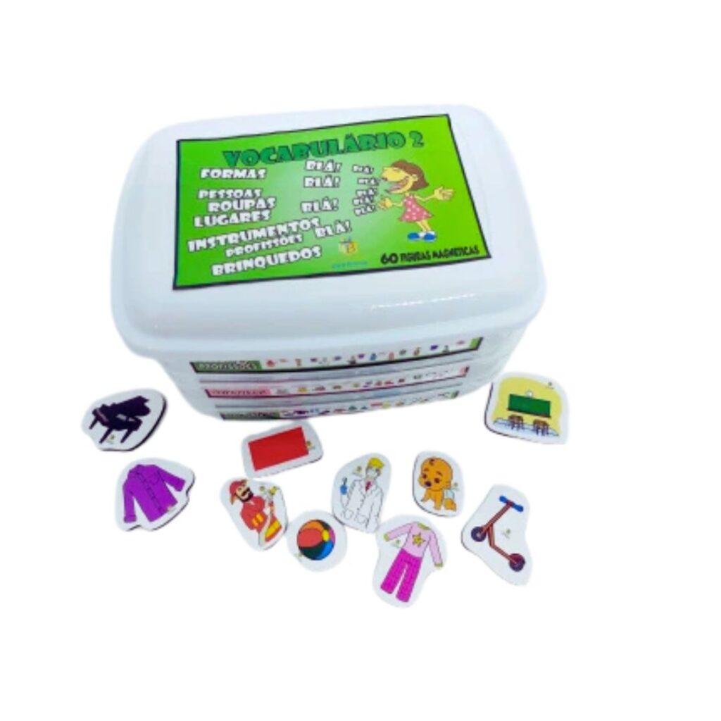 Kit Vocabulário 2 - Verde da Materiais Para Brincar, mostrando uma caixa com 60 figuras magnéticas de temas como profissões, brinquedos e roupas.