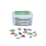 Kit Vocabulário 2 - Verde da Materiais Para Brincar, mostrando uma caixa com 60 figuras magnéticas de temas como profissões, brinquedos e roupas.