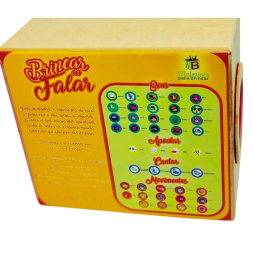 O jogo Brincar de Falar da Materiais Para Brincar, mostrando a caixa de madeira aberta com as 42 fichas coloridas dentro. Algumas fichas estão espalhadas, exibindo ilustrações para imitação de sons e gestos.