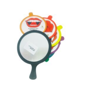 Espelho para Motricidade Orofacial da Materiais Para Brincar, mostrando um espelho portátil com 8 ilustrações coloridas ao redor, representando exercícios como fazer bico, abrir a boca e estalar a língua.